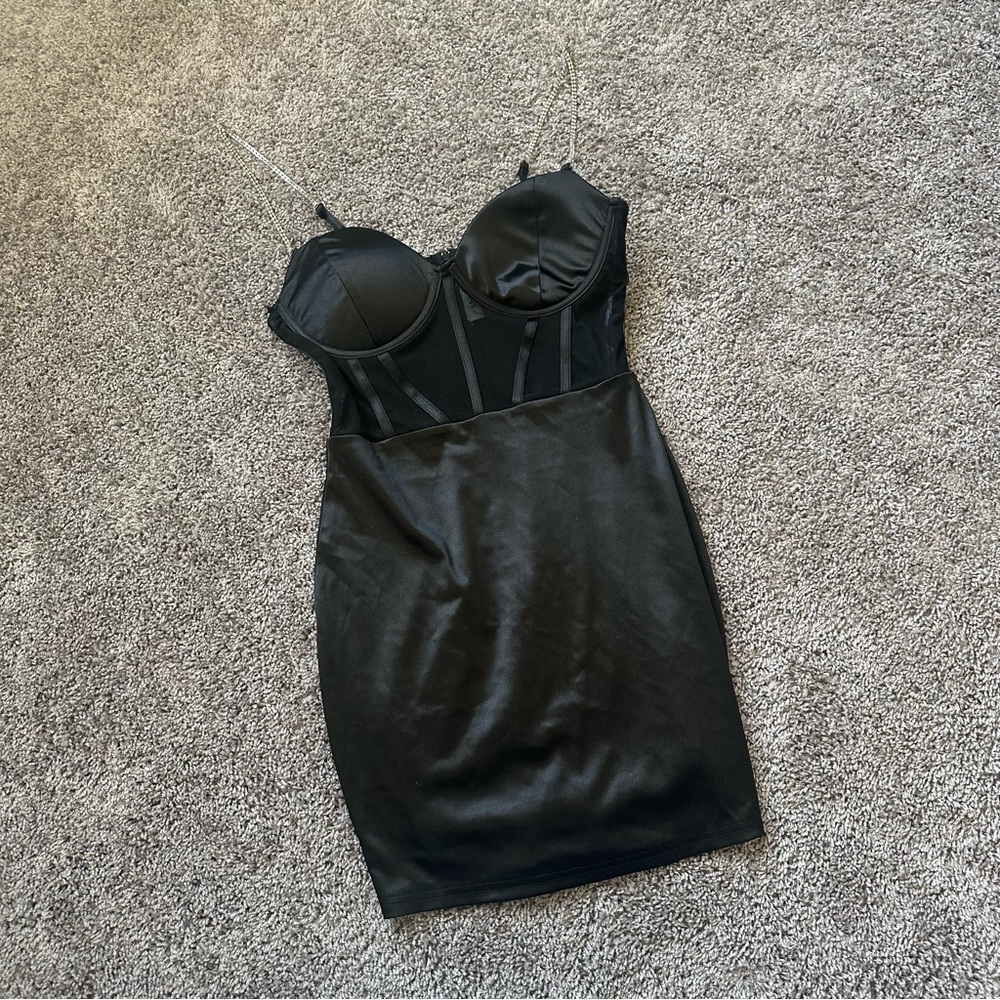 Chic Black Mini Satin Rhinestone Dress